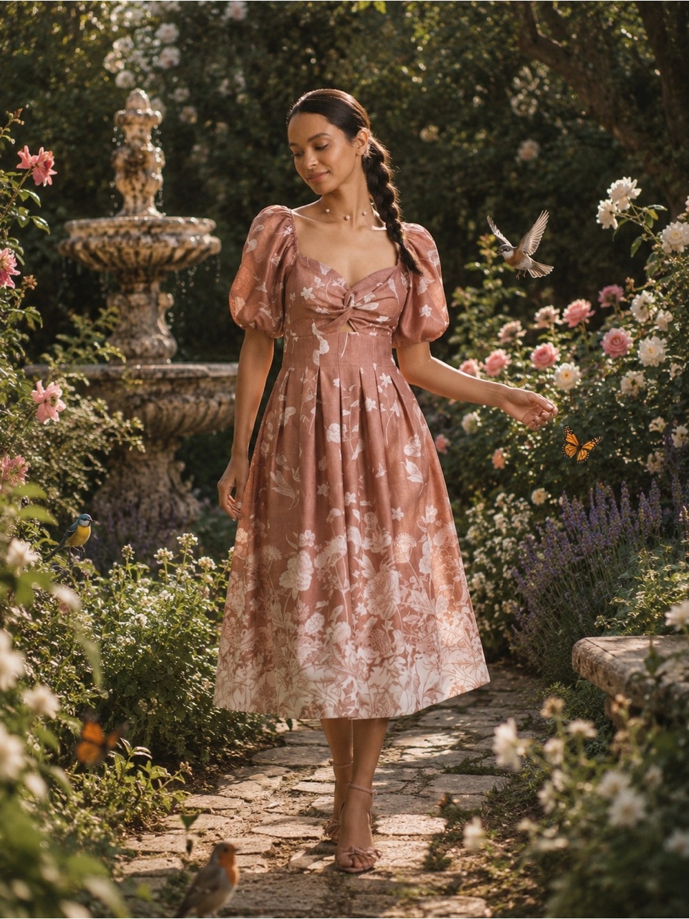 En Saison Monet Puff sleeve Square neck midi dress